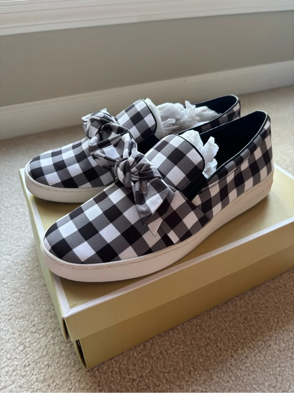 MICHAEL Michael Kors Black & White Gingham Bow Slip-On Sneakers